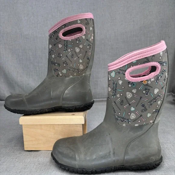 Bogs Boots Grey Pink Dragonfly Rain Boots Waterproof insulated Youth Size 6 - Picture 2 of 10